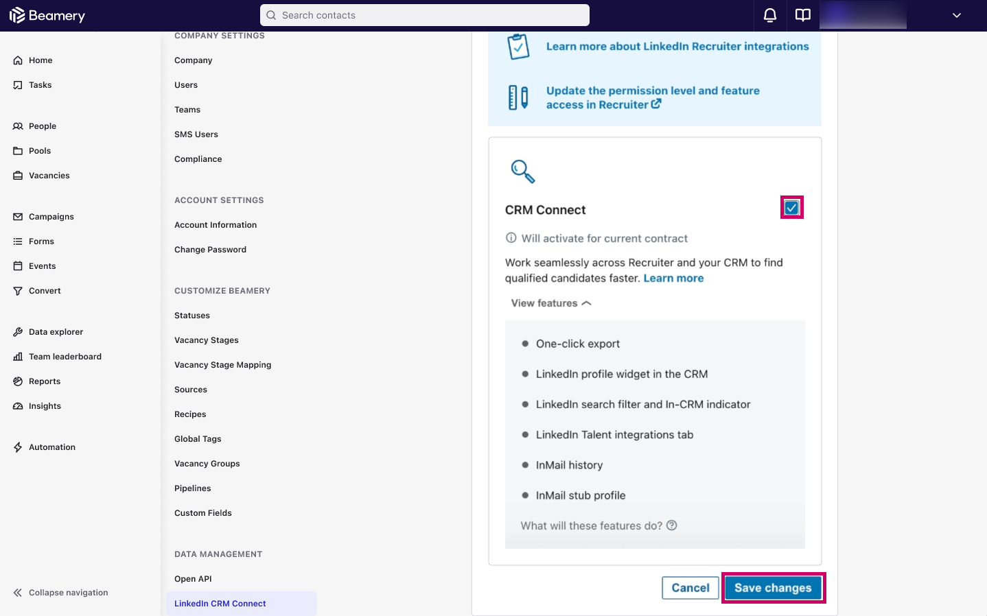 Case CRM Connect cochée et bouton Save changes