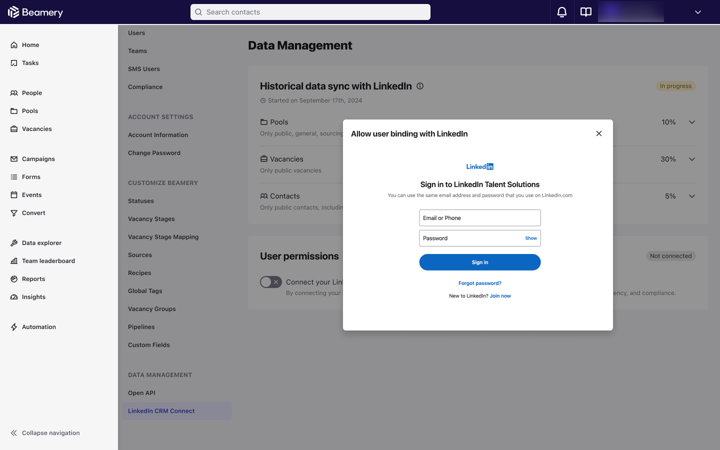 Fenêtre de connexion à LinkedIn après l’activation de User binding