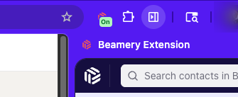 Badge On sur l’icône de la Beamery Extension : des Sourcing Settings sont appliqués