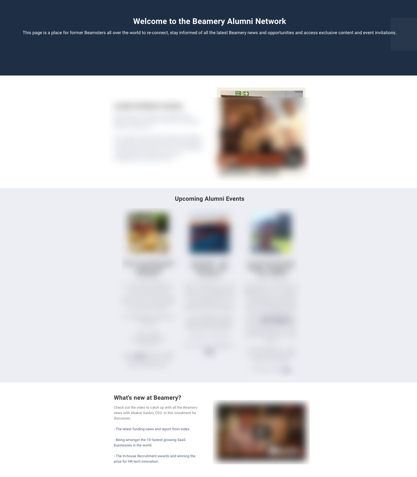 Exemple de page Beamery destinée aux anciens employés, avec actualités, événements à venir et vidéo