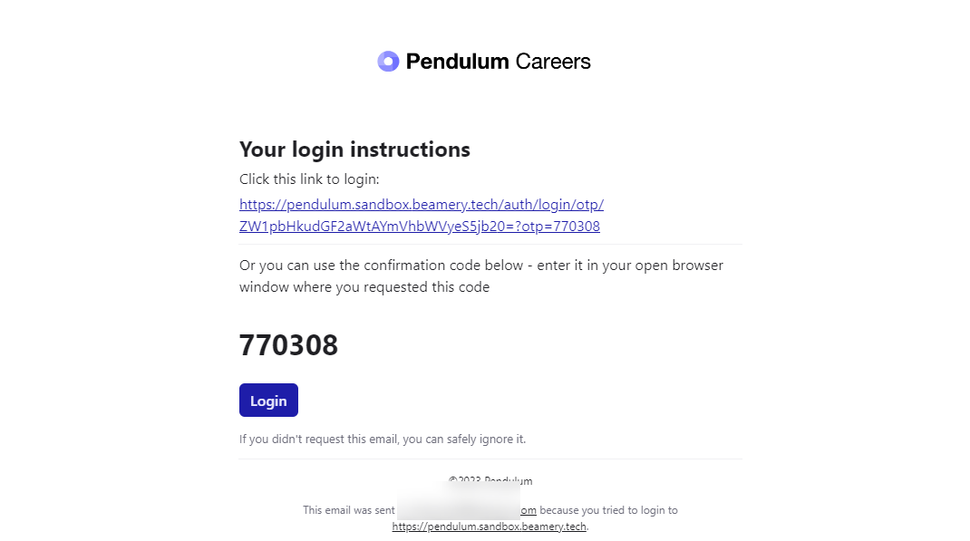 E-mail de connexion envoyé au candidat avec le lien de connexion et le mot de passe à usage unique