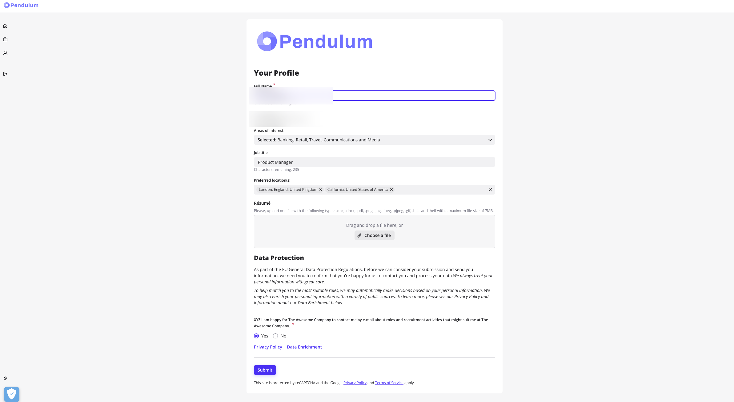 Preference Center vu par le candidat connecté, avec les données de son profil à mettre à jour