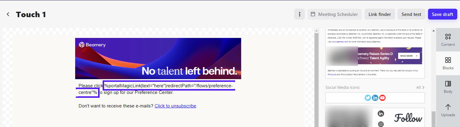 Zone de texte du message de campagne contenant le Merge Tag Portal Magic Link with redirect avec le chemin du Preference Center
