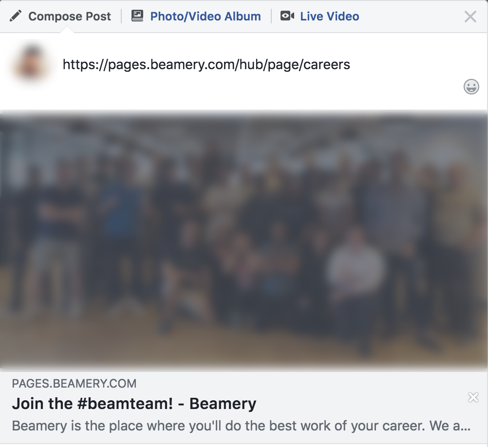 Exemple d’aperçu de partage sur Facebook affichant l’image principale, le titre et la description d’une page Beamery