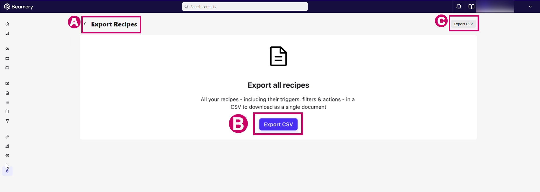 Page d’exportation des Recipes lors d’une première exportation, avec les repères A, B et C