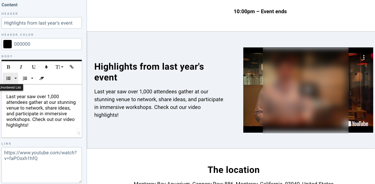 Page Builder avec le bloc vidéo « Highlights from last year’s event » en cours de modification