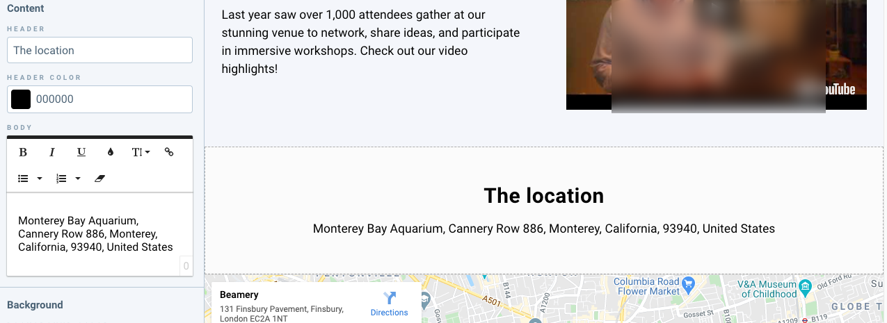 Page Builder avec le bloc « The location » en cours de modification
