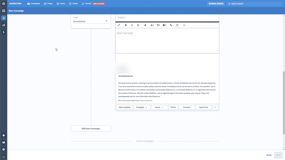 Ancien Campaign Builder avec un Touchpoint par e-mail en cours de modification