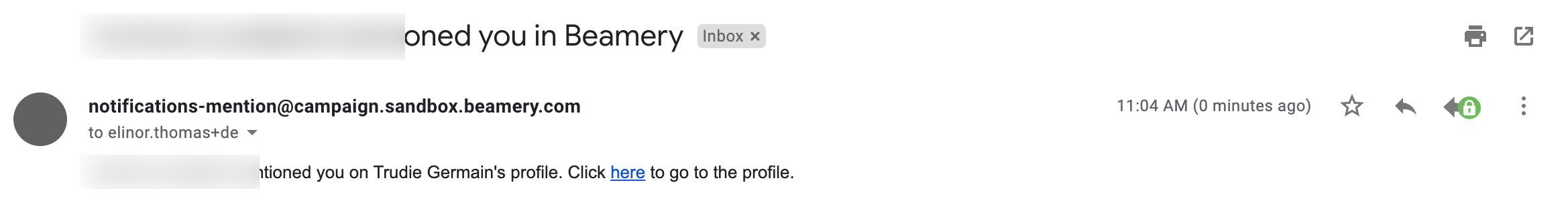 Exemple d'e-mail de notification informant un utilisateur qu'il a été mentionné sur le profil d'un candidat, avec un lien vers ce profil