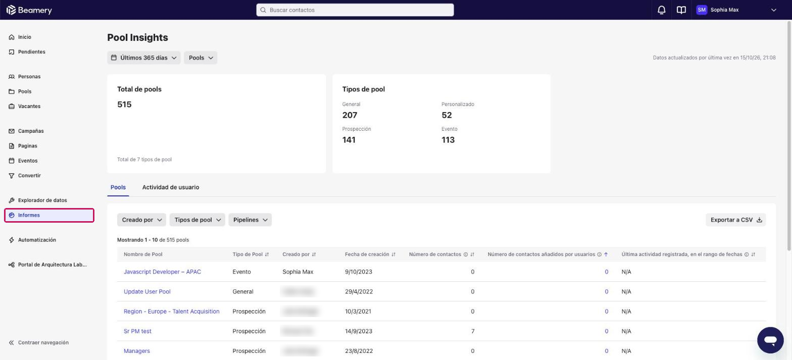Informe Pool Insights con el total de pools, los tipos de pool y la lista de Pools