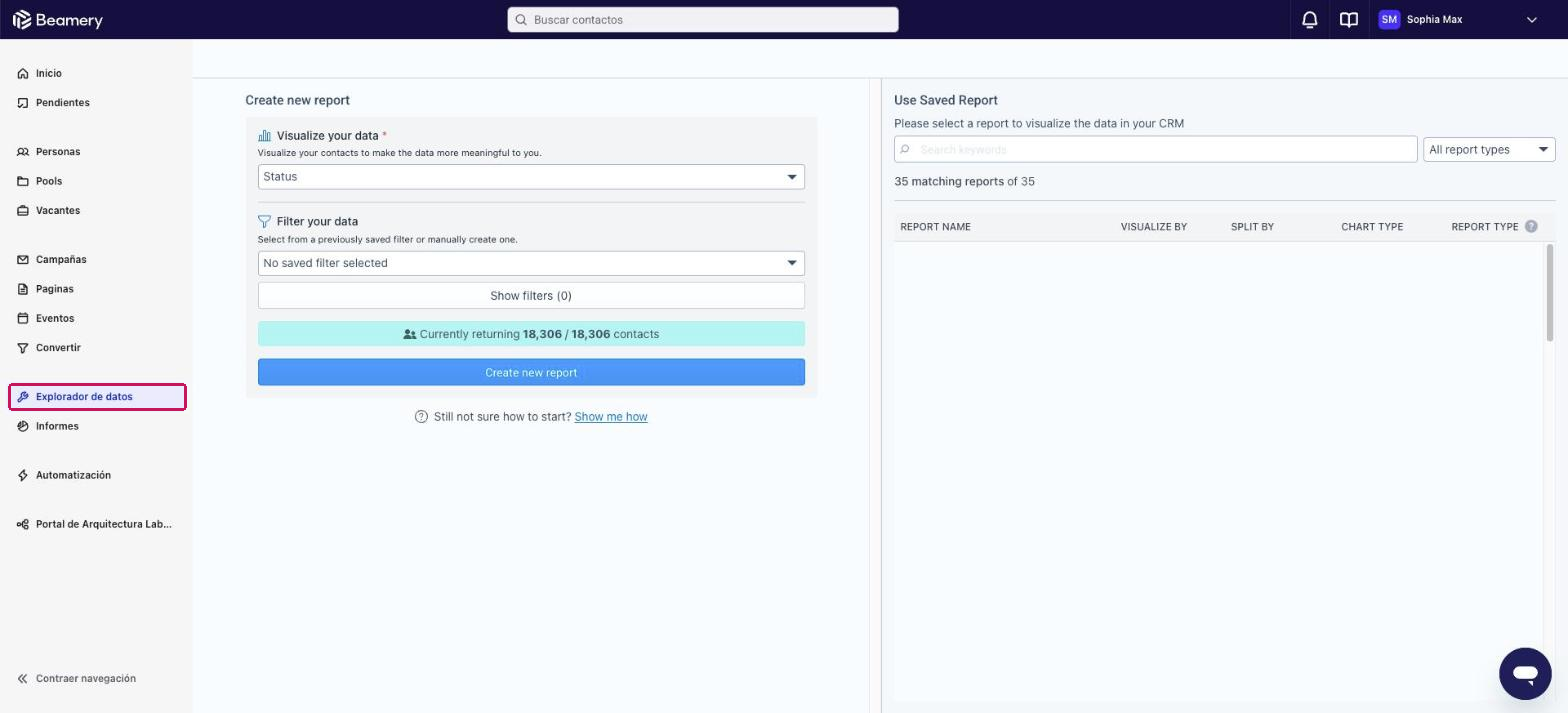 Página principal de Explorador de datos para crear un informe nuevo o usar un informe guardado