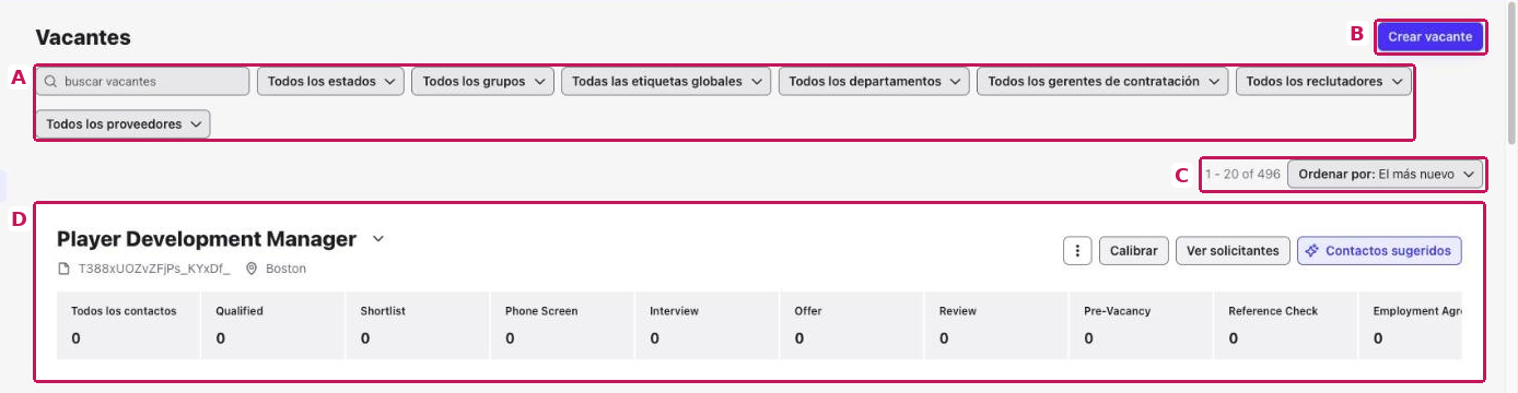Lista Vacantes con A: búsqueda y filtros, B: botón Crear vacante, C: menú Ordenar por y D: detalles de la vacante