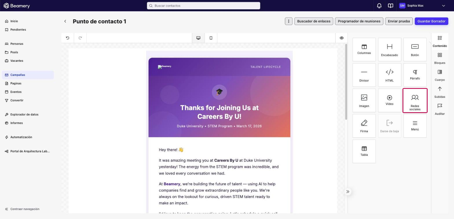 Generador visual con el bloque de contenido Redes sociales resaltado