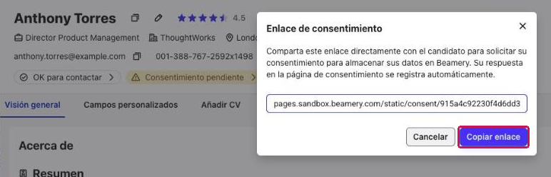 Cuadro de diálogo Enlace de consentimiento con el botón Copiar enlace resaltado