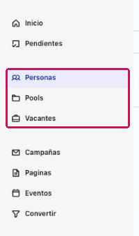 Menú de navegación con Personas, Pools y Vacantes resaltados