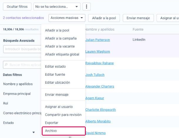 Menú Acciones masivas de Personas con la opción Archivo resaltada
