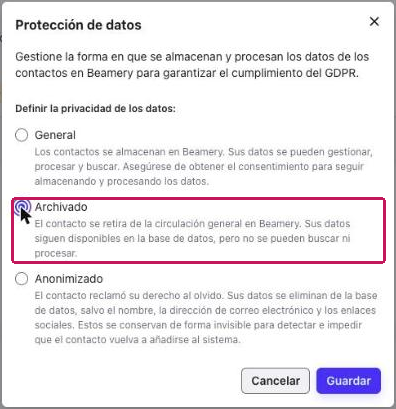 Cuadro de diálogo Protección de datos con la opción Archivado seleccionada