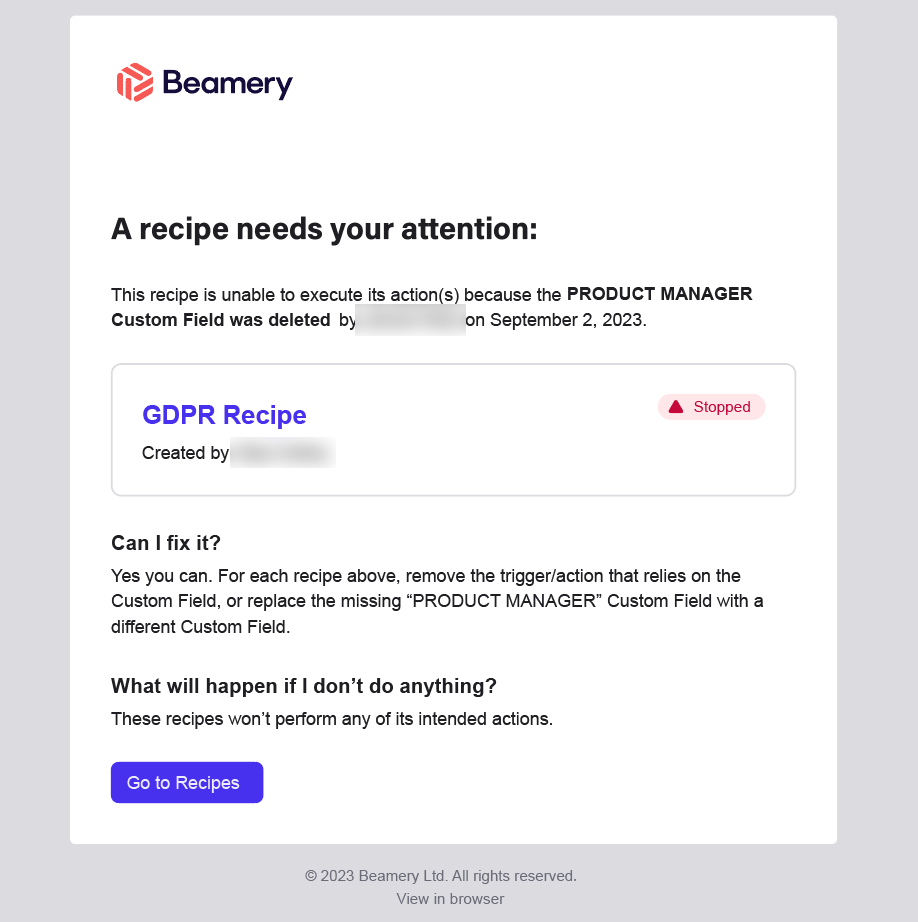 Correo electrónico de Beamery que avisa de que una Recipe se ha detenido porque se eliminó un campo personalizado