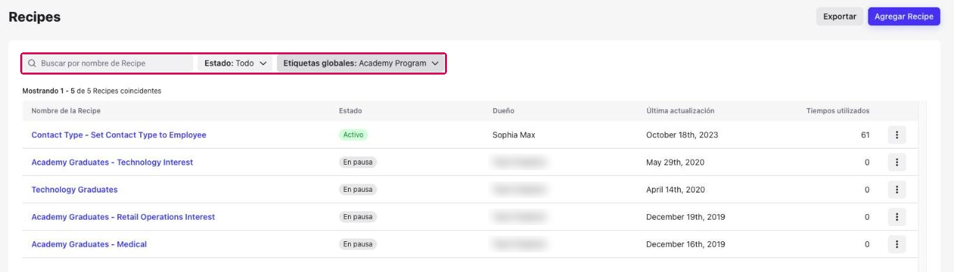 Lista de Recipes filtrada por la etiqueta global Academy Program