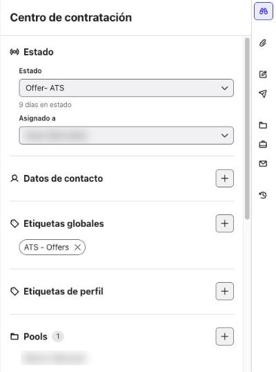Workspace Centro de contratación con Estado, Asignado a, Datos de contacto, Etiquetas globales, Etiquetas de perfil y Pools