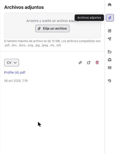 Workspace Archivos adjuntos con un CV cargado y las opciones de enlace, abrir y eliminar