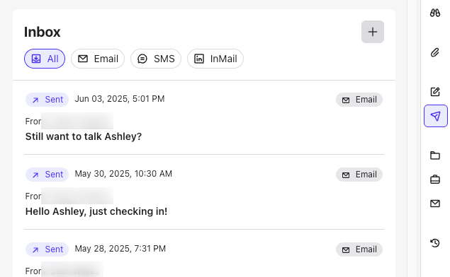 Workspace Inbox con los filtros All, Email, SMS e InMail y mensajes enviados