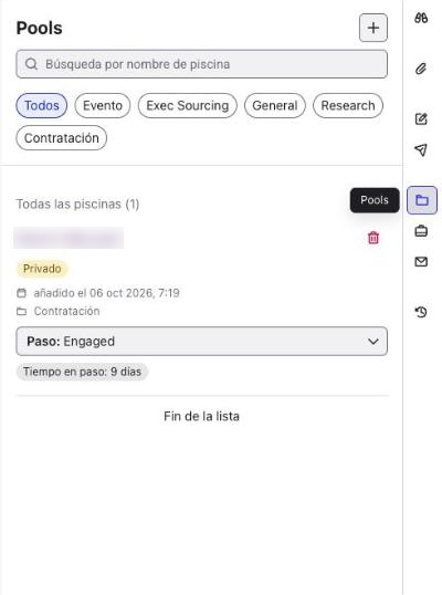Workspace Pools con búsqueda, filtros por tipo y el paso del contacto en un Pool