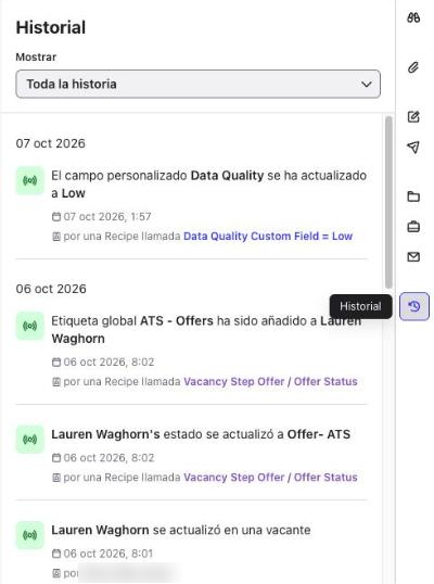 Workspace Historial con el filtro Mostrar y las actualizaciones del contacto