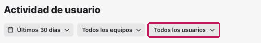 Filtros del informe Actividad de usuario con Todos los usuarios resaltado
