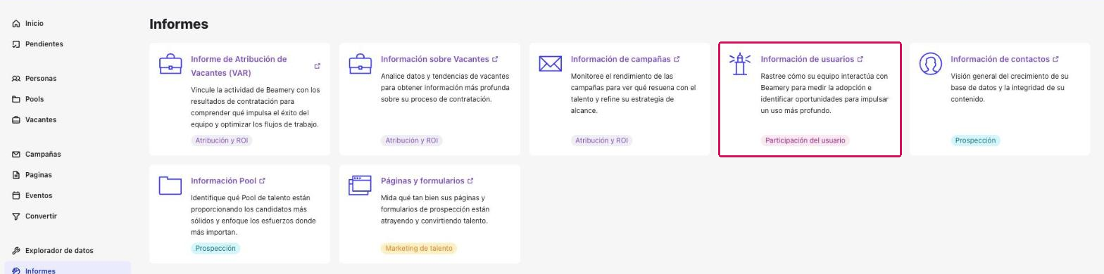 Página Informes con la tarjeta Información de usuarios resaltada