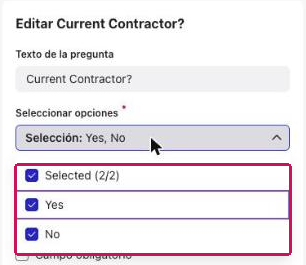 Menú Seleccionar opciones con las opciones de respuesta seleccionadas