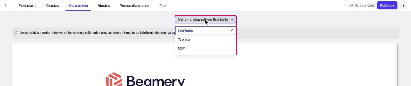 Pestaña Vista previa con el menú Ver en el dispositivo abierto