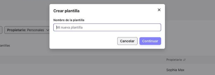 Cuadro de diálogo Crear plantilla con el campo Nombre de la plantilla y los botones Cancelar y Continuar