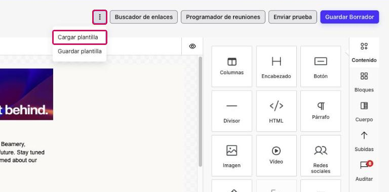 Editor del punto de contacto con el menú de puntos suspensivos abierto y la opción Cargar plantilla resaltada
