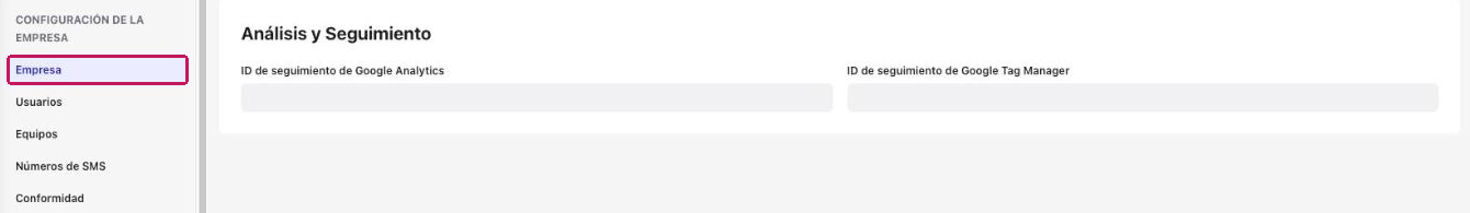 Página Empresa de Configuración de la empresa con la sección Análisis y Seguimiento y los campos de ID de seguimiento de Google Analytics y Google Tag Manager
