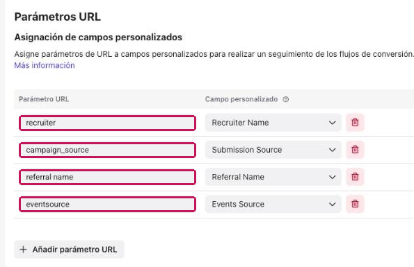 Columna Parámetro URL con los parámetros configurados resaltados