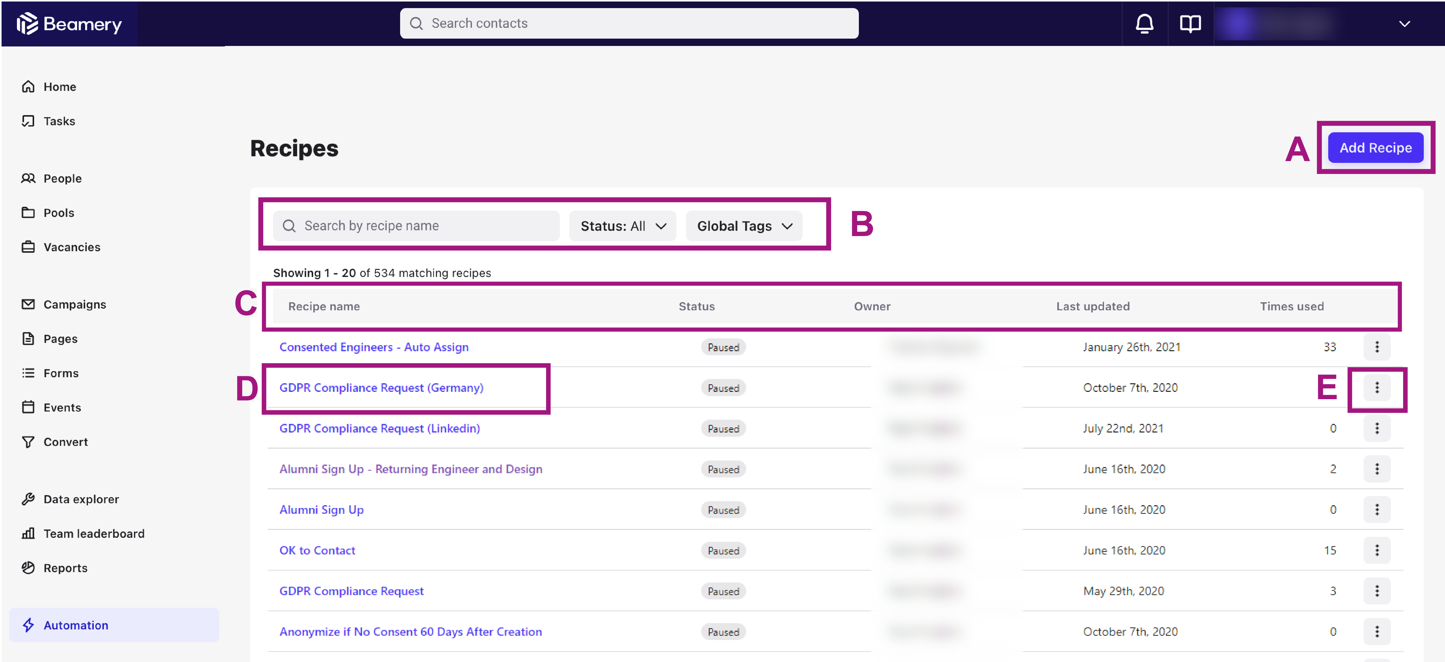 Recipes list with areas A to E marked: Add Recipe button, search and filters, column headings, a Recipe name, and the options menu