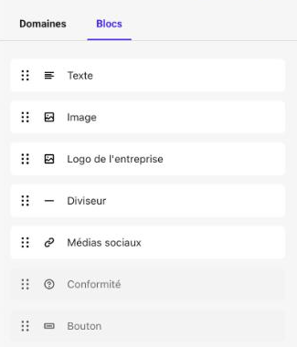 Onglet Blocs avec la liste des blocs disponibles