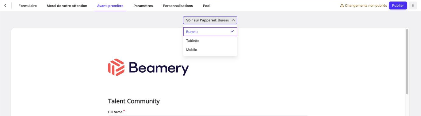 Onglet Avant-première avec la liste Voir sur l’appareil