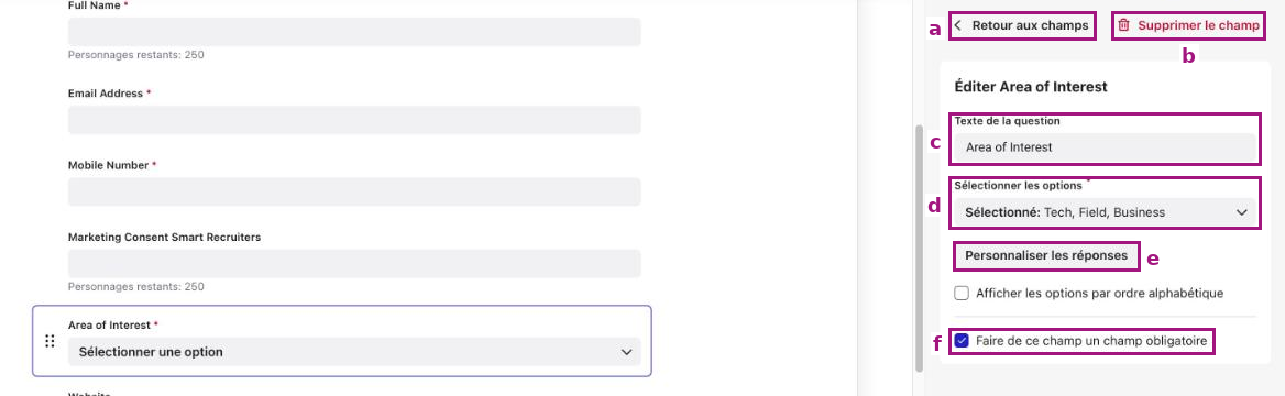 Panneau de modification d’un champ de préférence avec les options annotées