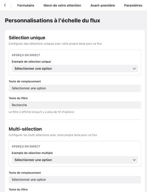 Onglet Personnalisations avec les personnalisations à l’échelle du flux