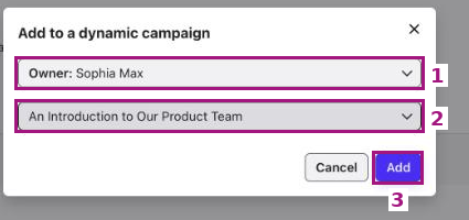 Add to a dynamic campaign dialog with the Owner (1) and campaign (2) dropdowns and the Add button (3) highlighted