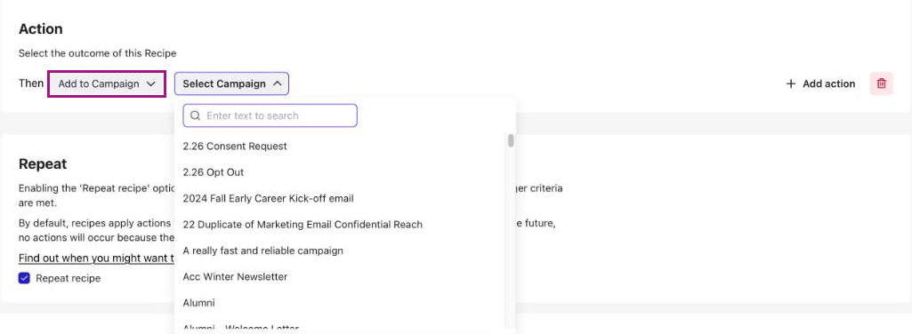 Recipe Action section with Add to Campaign selected and the Select Campaign list open