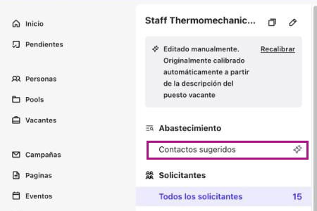 Panel lateral de la vacante con Contactos sugeridos resaltado