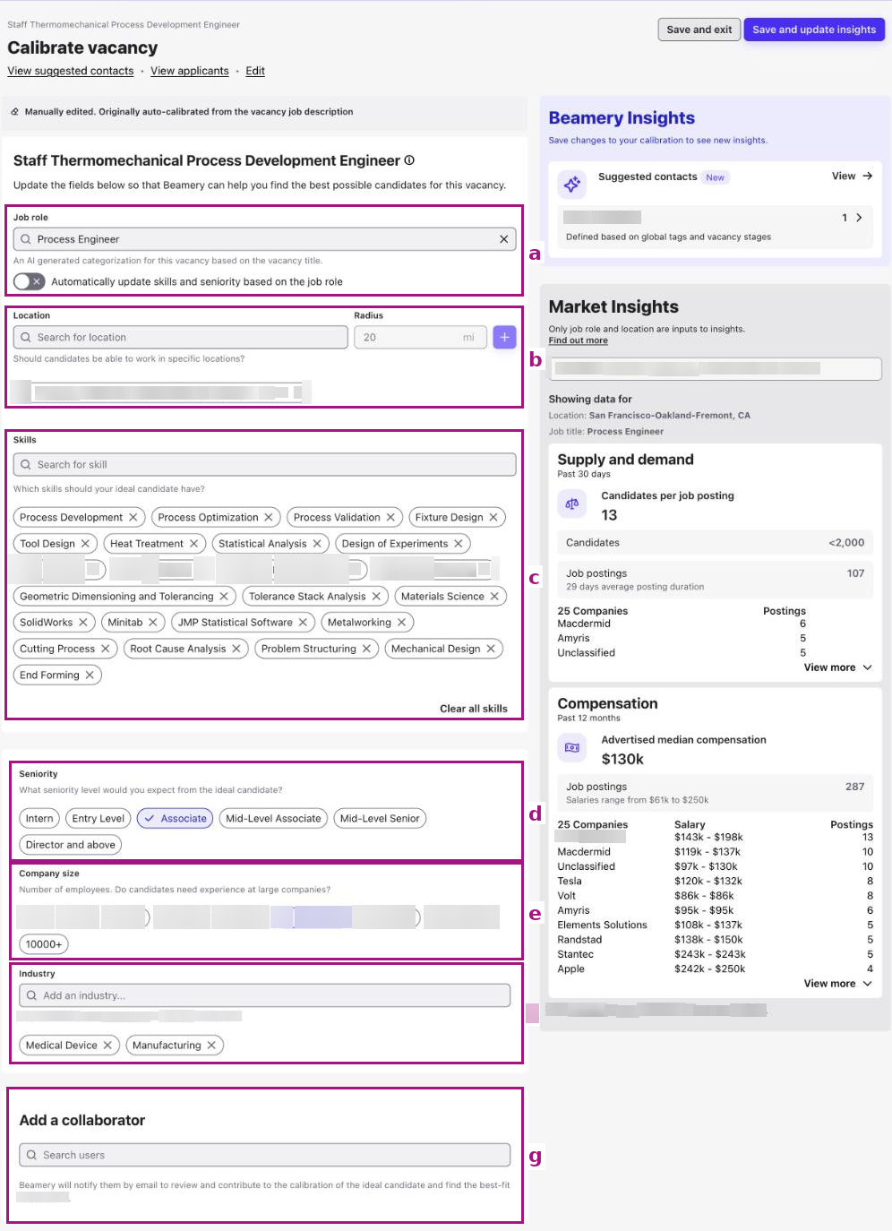 Calibrate vacancy page with Job role (a), Location and Radius (b), Skills (c), Seniority (d), Company size (e), Industry (f) and Add a collaborator (g) highlighted, next to Beamery Insights and Market Insights