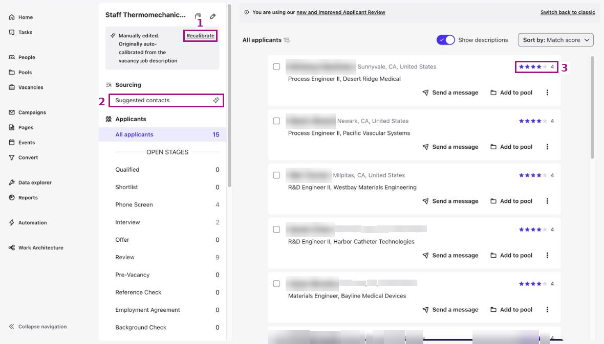 Vacancy applicant list with Recalibrate (1), Suggested contacts (2) and the Match Score stars (3) highlighted