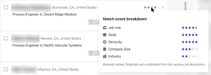 Match score breakdown pop-up with ratings for Job role, Skills, Seniority, Company size and Industry