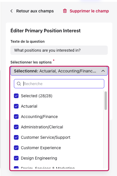 Liste déroulante Sélectionner les options avec les réponses cochées