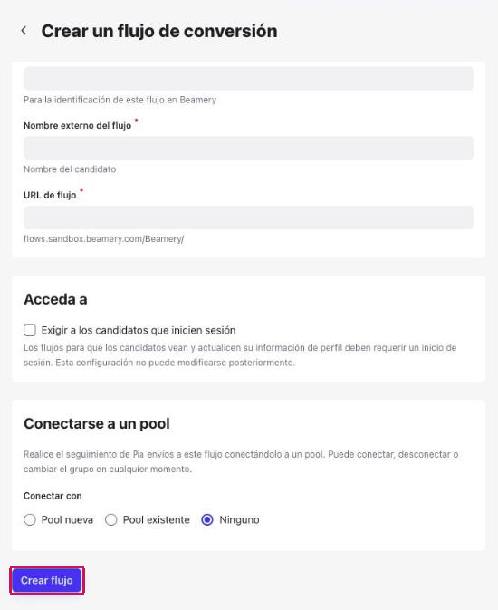 Página Crear un flujo de conversión con el botón Crear flujo resaltado