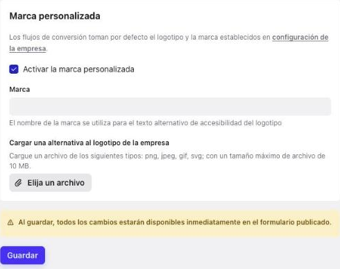 Sección Marca personalizada con la opción activada